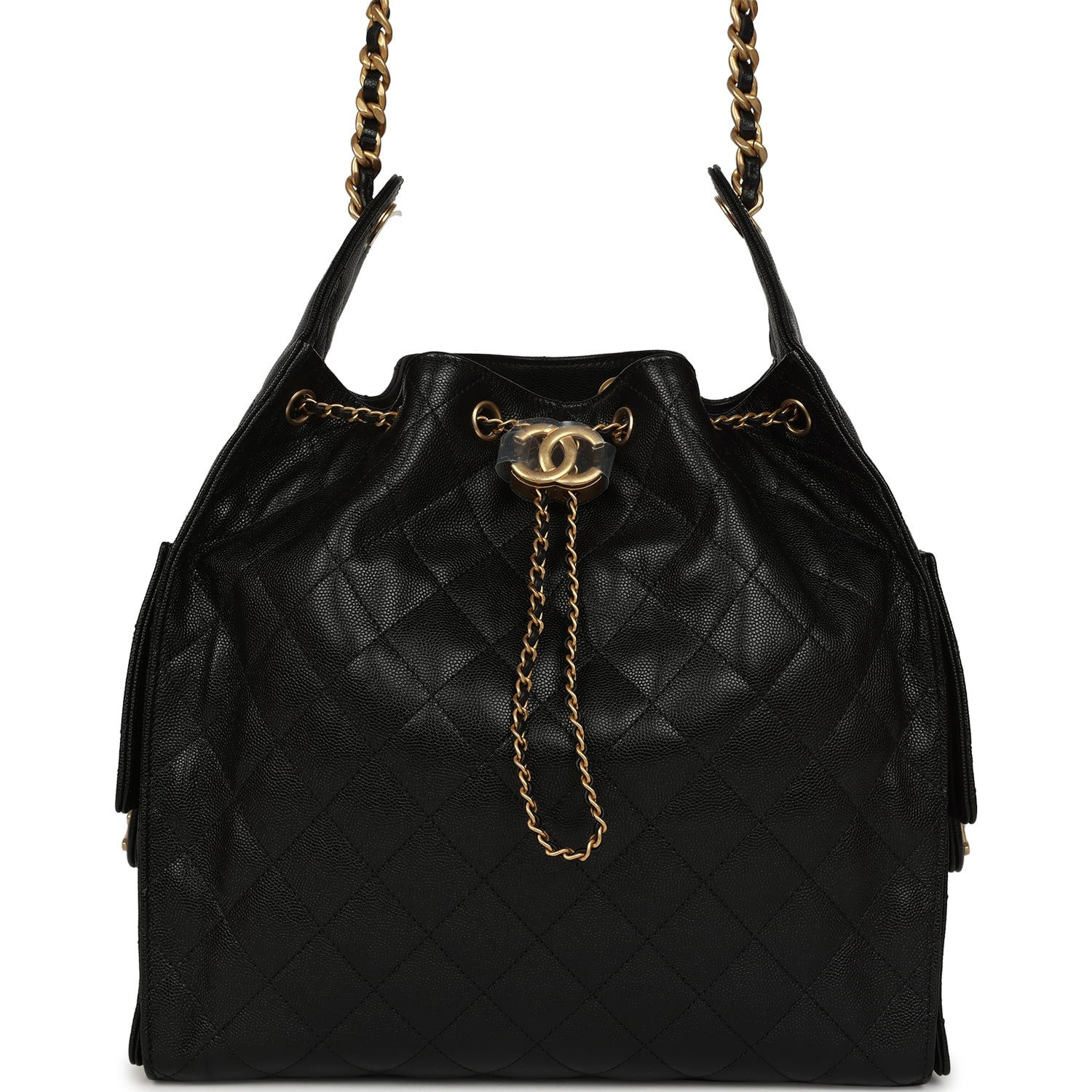 Front view of the black caviar Chanel 25 Medium bag with antique gold-tone hardware
