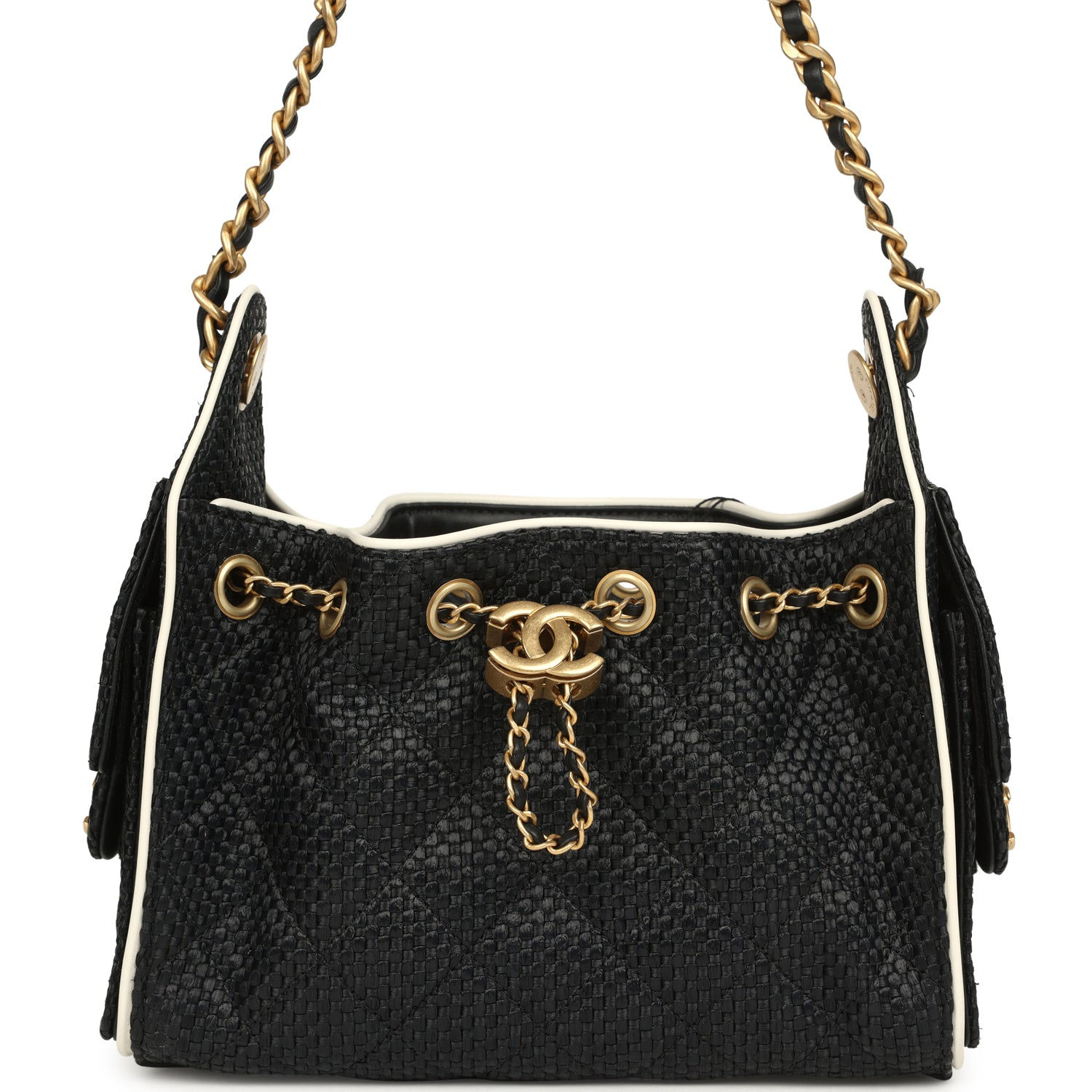 Chanel 25 Mini hobo bag in black raffia with white calfskin piping and gold-tone chain straps