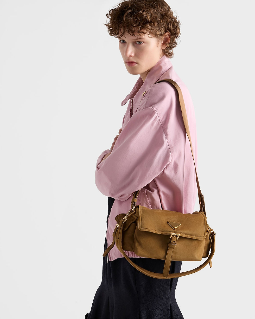Prada Explore medium shoulder bag with flap in cinnamon suede – view 2