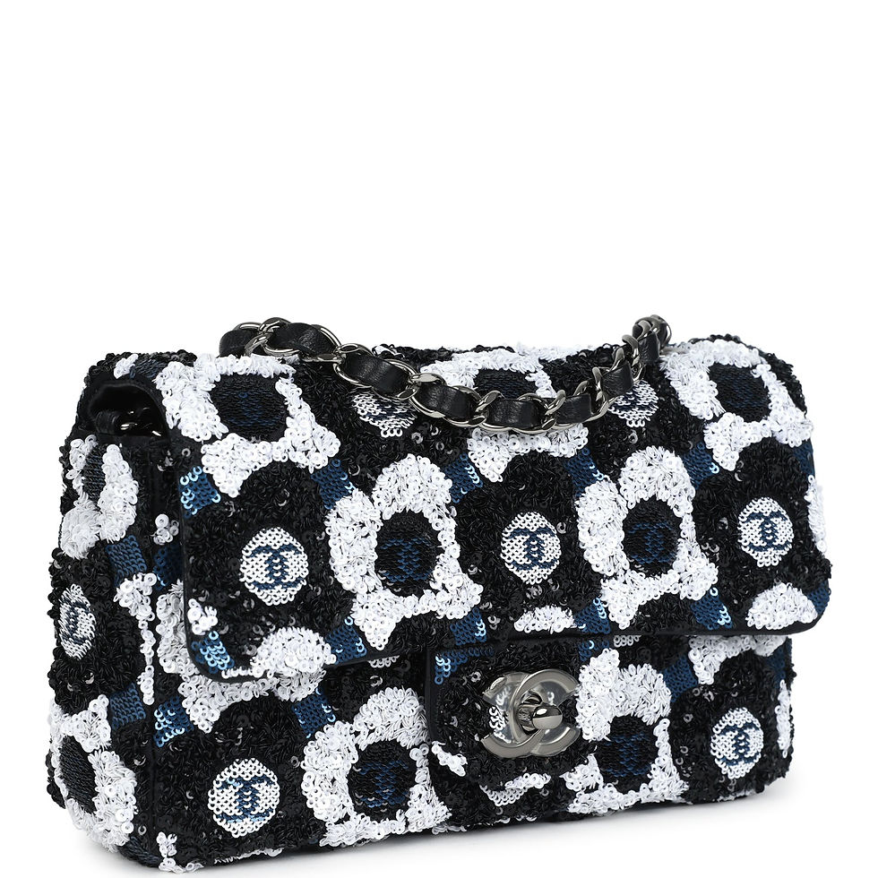Three-quarter front view of the floral sequin bag showing the ruthenium chain strap