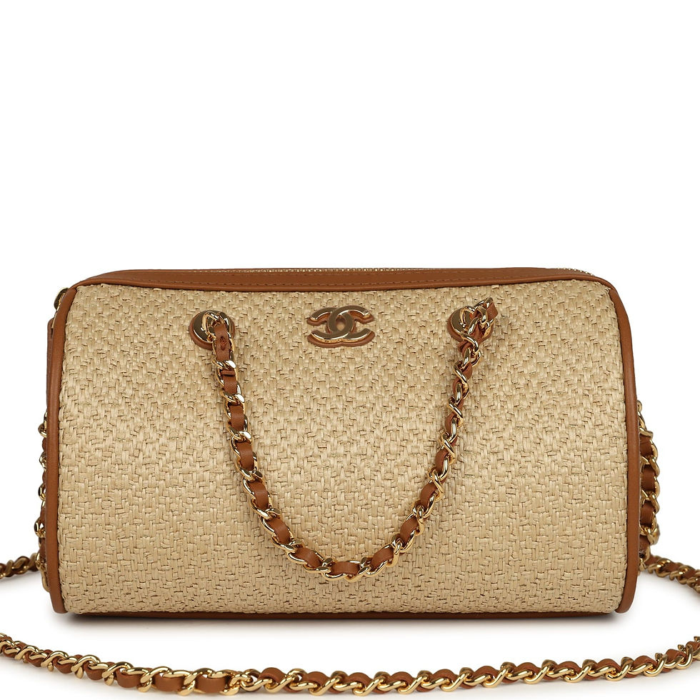 Chanel Mini Timeless Barrel bag in beige raffia with brown calfskin trim, front view