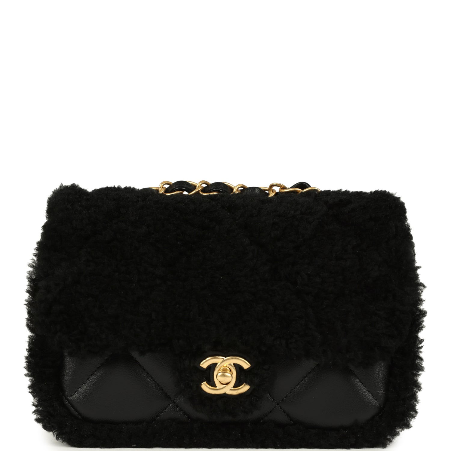 Chanel Mini Shearling Flap Bag in black shearling and lambskin, front view with gold CC turnlock