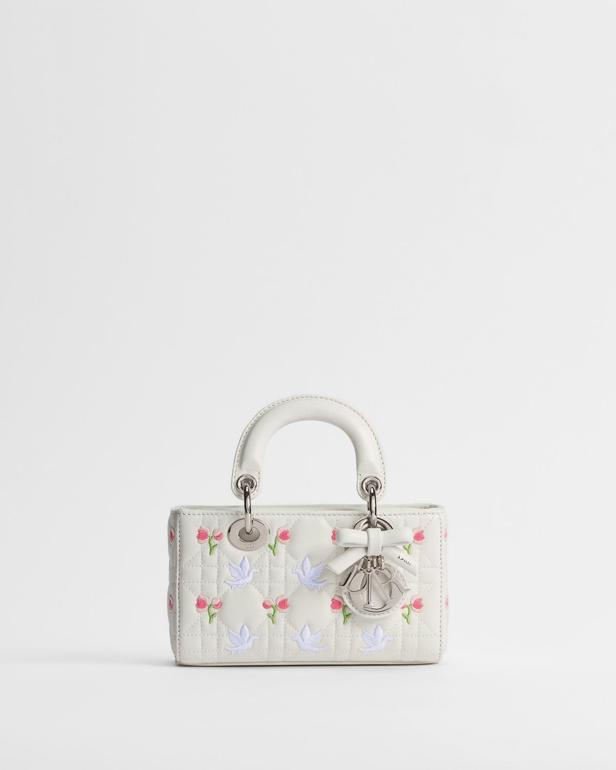 Dior Dioramour Micro Lady D-Joy bag in white embroidered Cannage lambskin – front view
