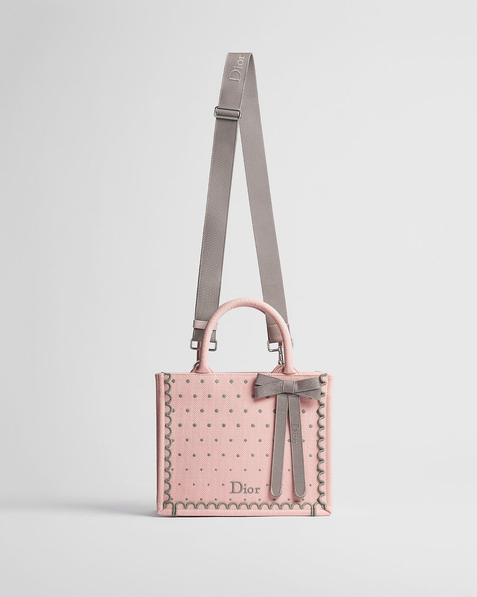 Dior Small Book Tote with strap in pink and gray PolkaDior embroidery – front view