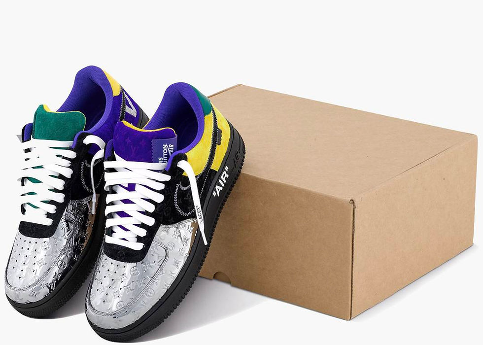 Nike x Louis Vuitton Air Force 1 Low sneakers by Virgil Abloh displayed with box and purple suede heels