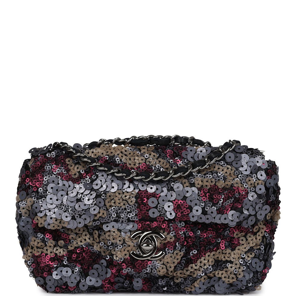 Front view of the Chanel Extra Mini Flap Bag in mottled multicolour sequin with a ruthenium CC turn-lock