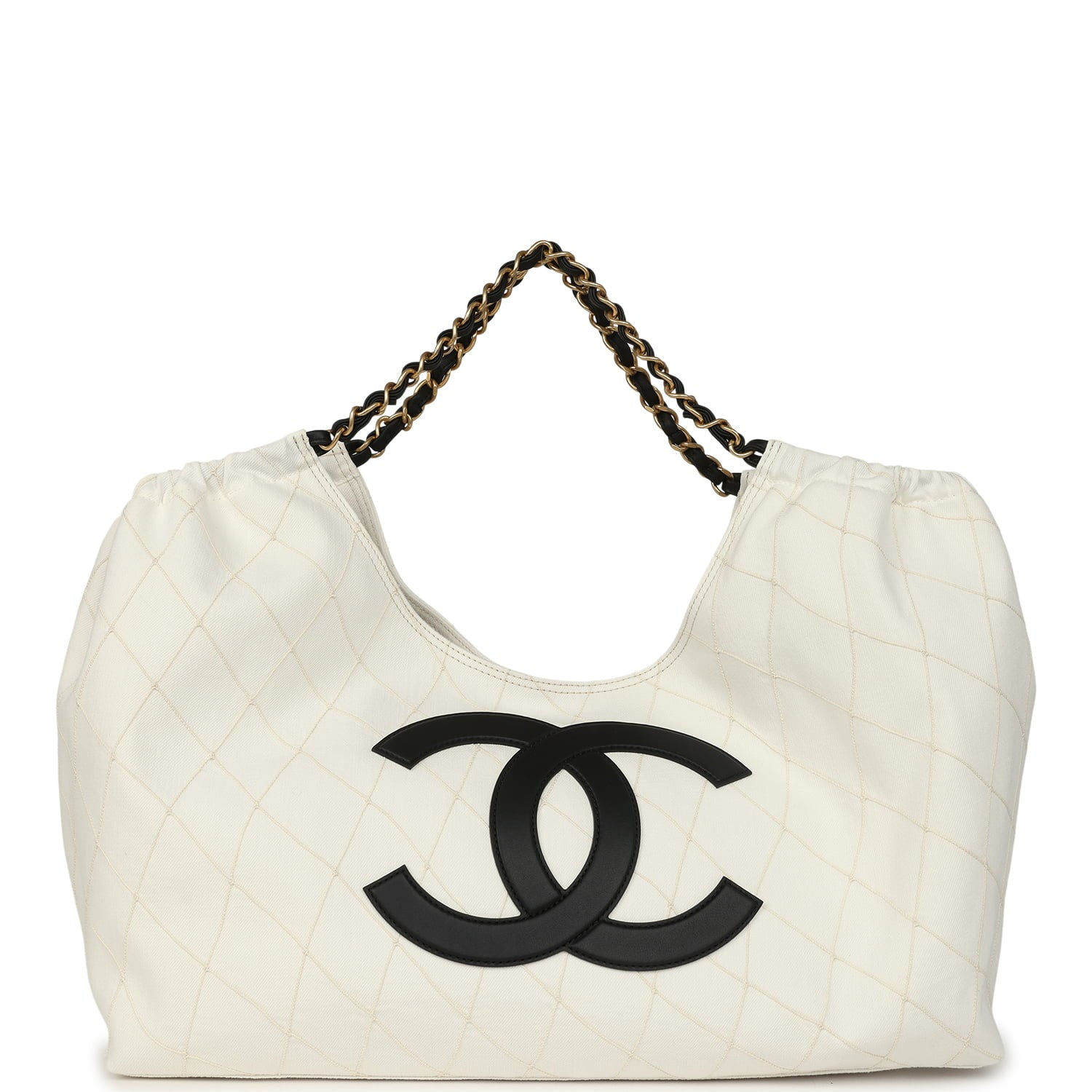 Front view of the Chanel Maxi Coco Beach Cambon Hobo Bag in white denim