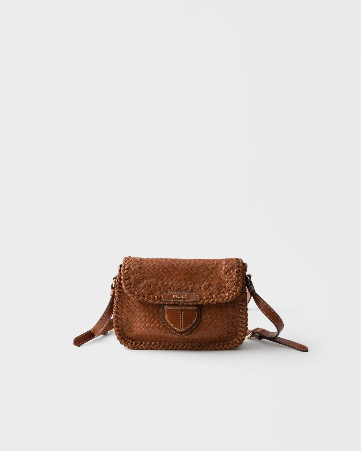 Prada mini shoulder bag in cognac woven leather – front view