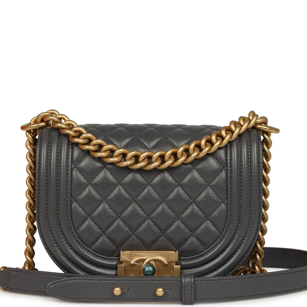 Chanel Boy Messenger bag in dark grey shiny caviar with a rounded quilted flap and turquoise cabochon clasp