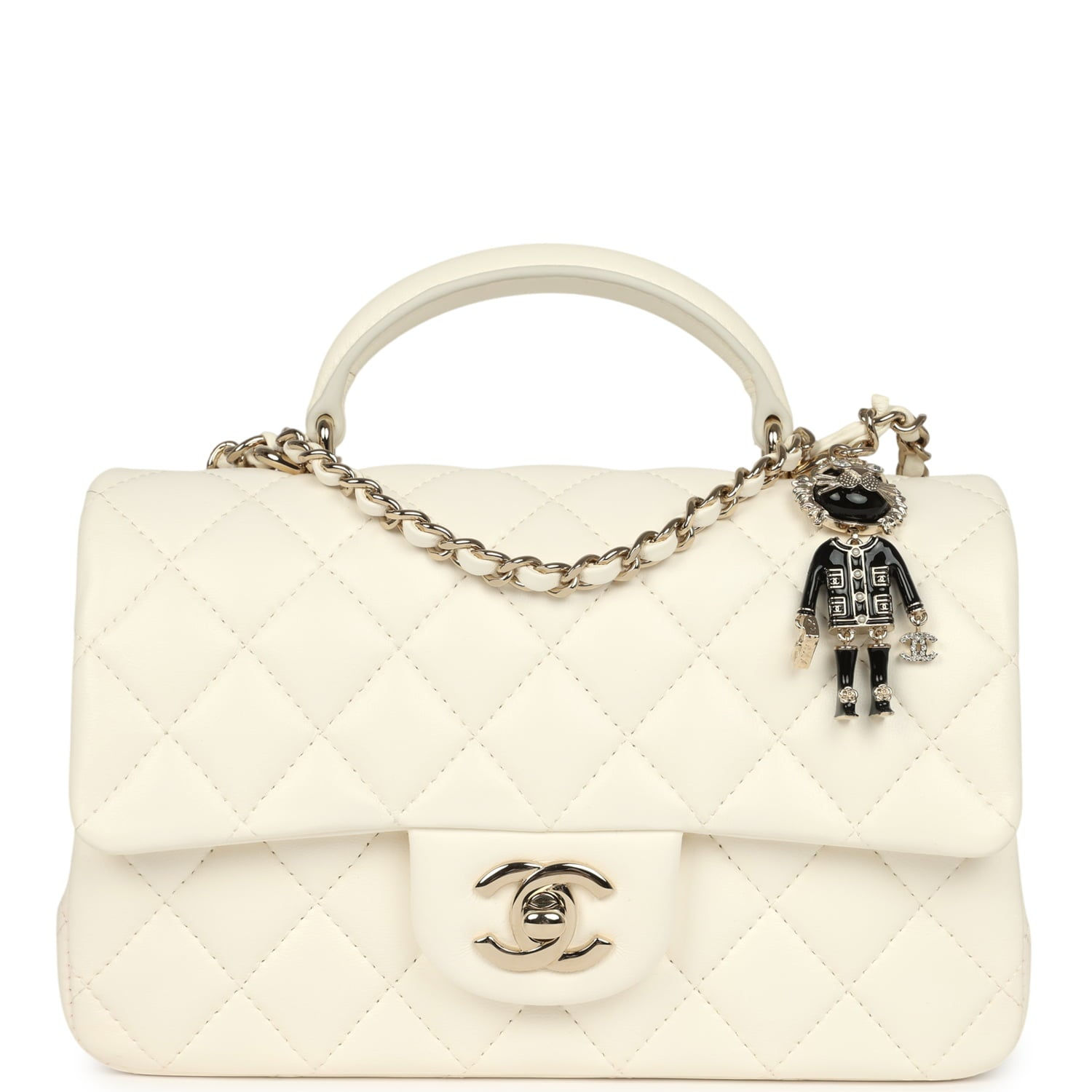 Chanel Mini Rectangular Flap Bag with Top Handle in white lambskin, front view with charm on the chain