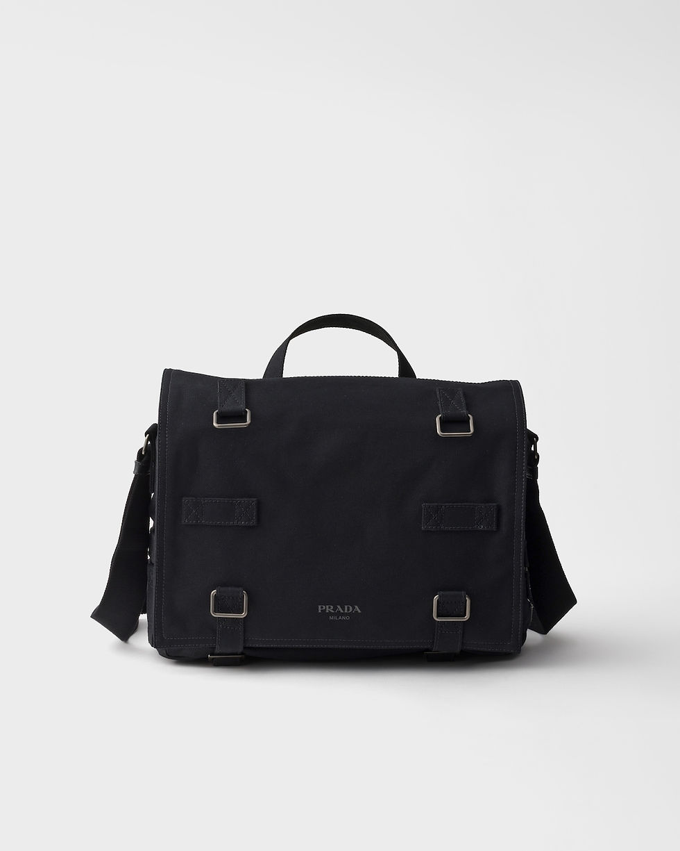 Prada flap shoulder bag in black cotton canvas – front view