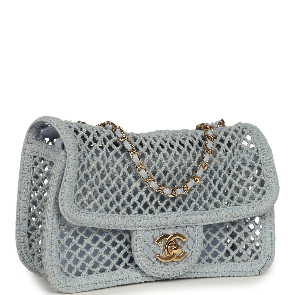 Three-quarter angle showing the diamond lattice weave over the pale blue leather trim