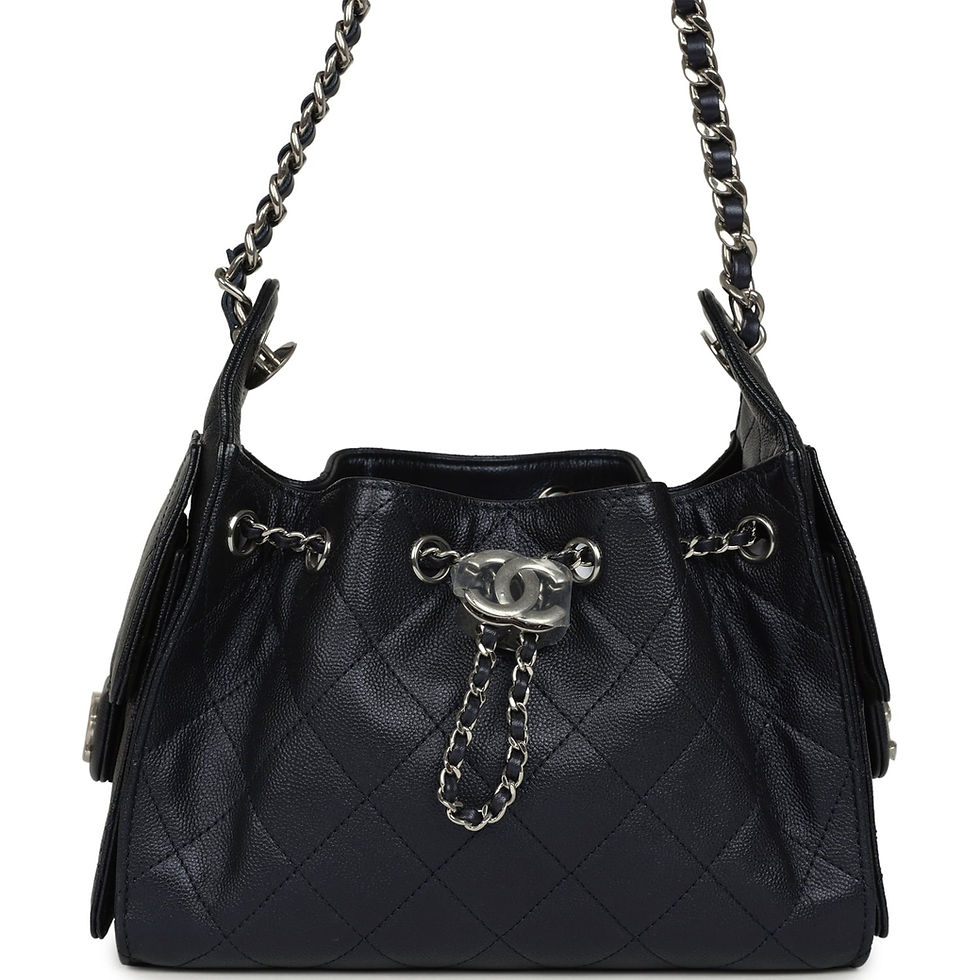 Chanel 25 Mini hobo bag in dark blue metallic caviar leather with silver-tone chain straps