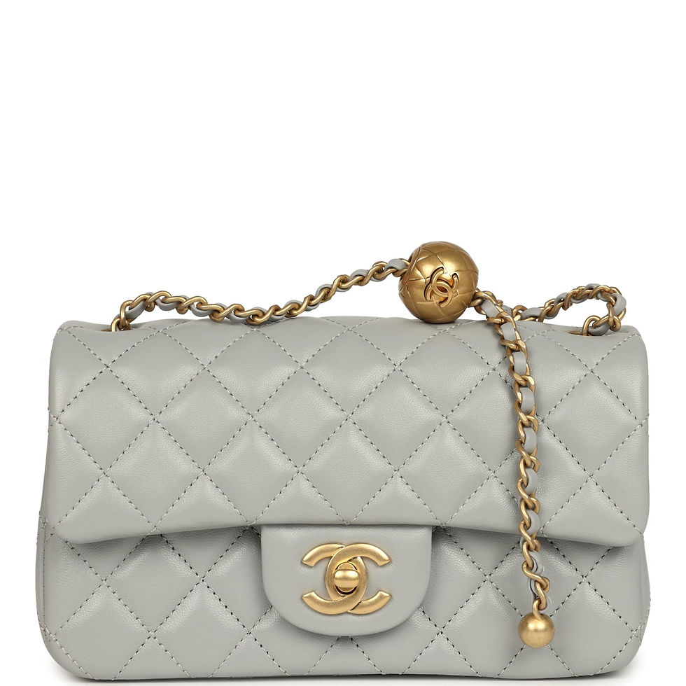 Chanel Mini Pearl Crush Rectangular Flap Bag in grey lambskin, front view with gold CC turnlock