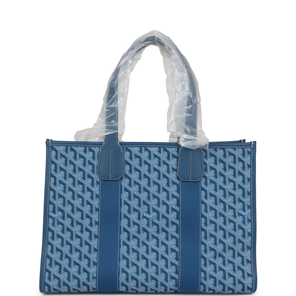 Goyard Villette PM Bag in Ocean Blue Goyardine jacquard, front view, plastic on the handles