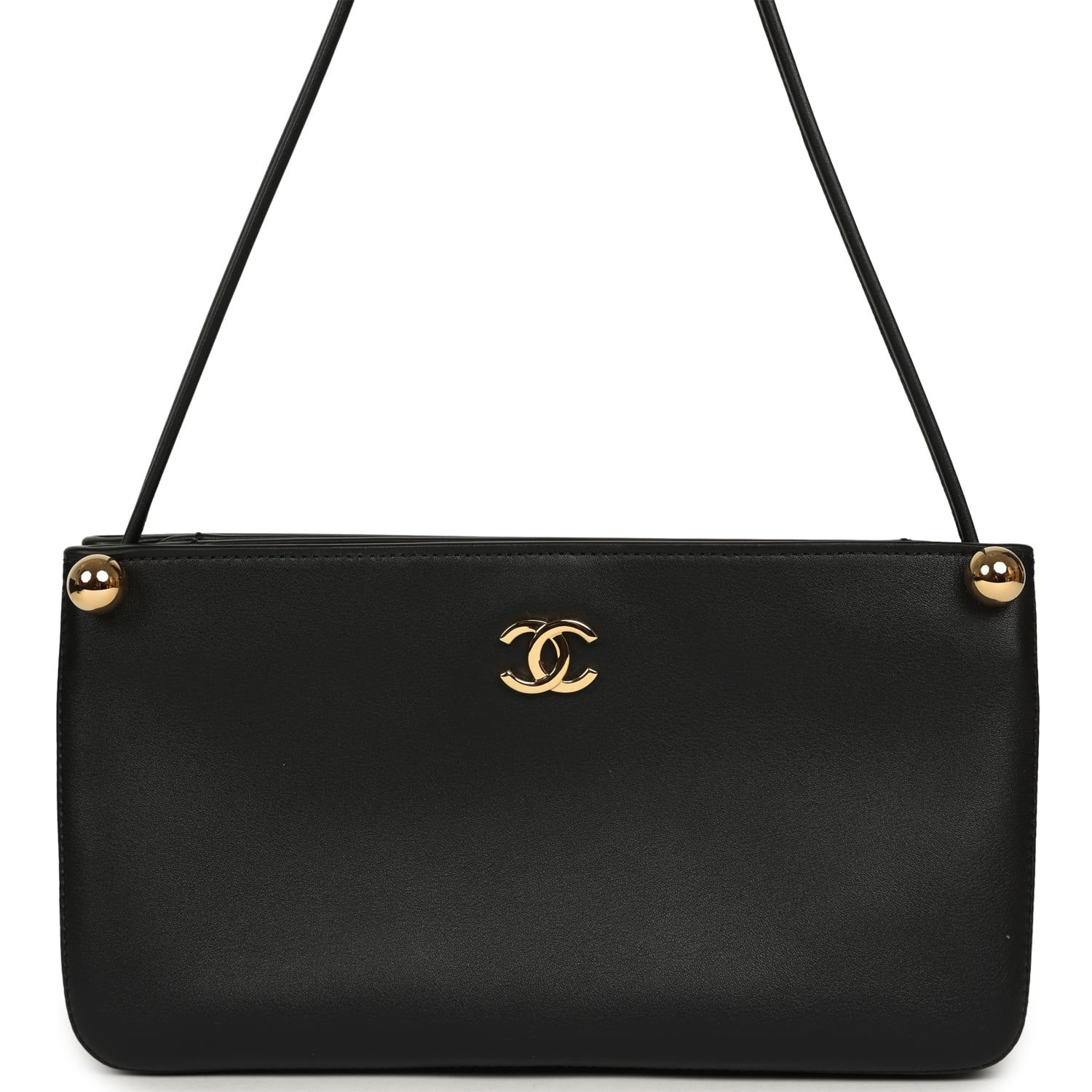Chanel Chic Studs Clutch bag in black lambskin, front view with gold ball studs and CC plaque
