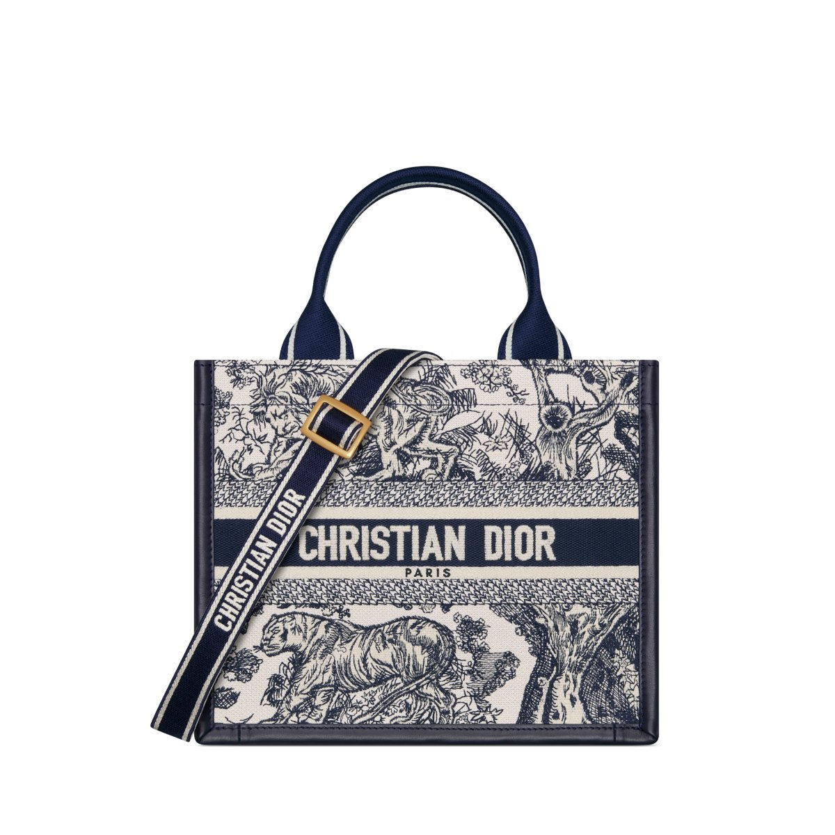 Dior Small Book Tote in navy blue Toile de Jouy Sauvage embroidery and calfskin – front view