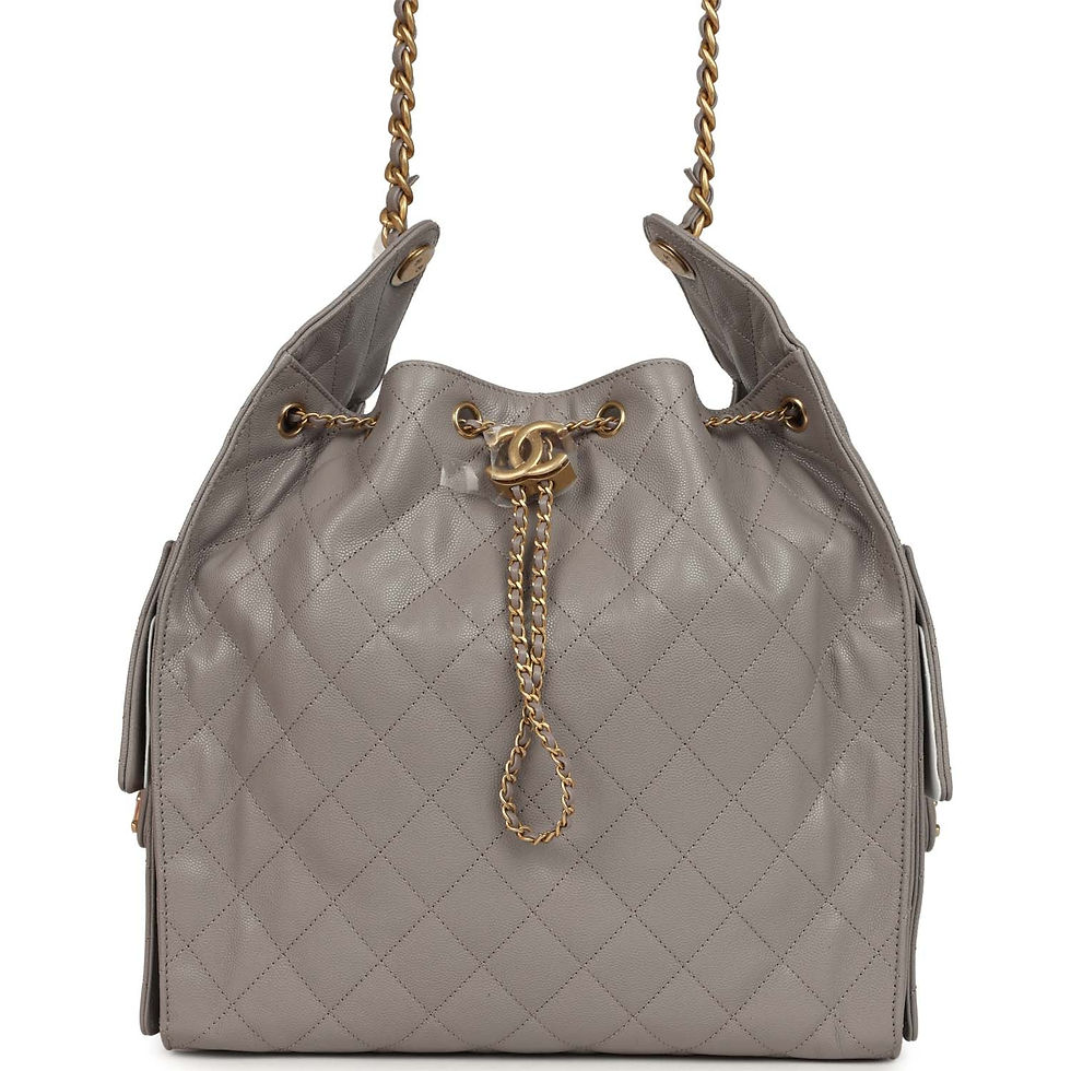 Front view of the dark grey caviar Chanel 25 Medium bag with gold-tone hardware