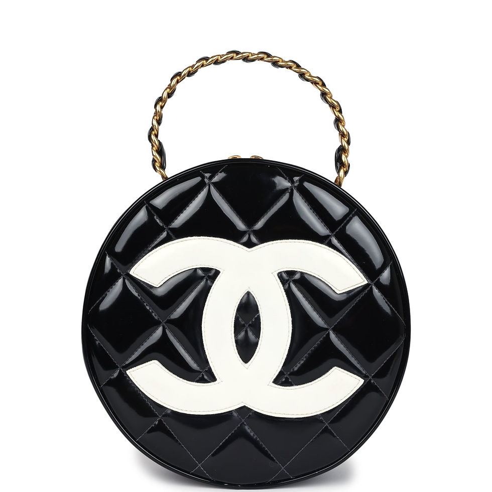 Front view of the round vanity bag in black quilted patent leather with a white CC