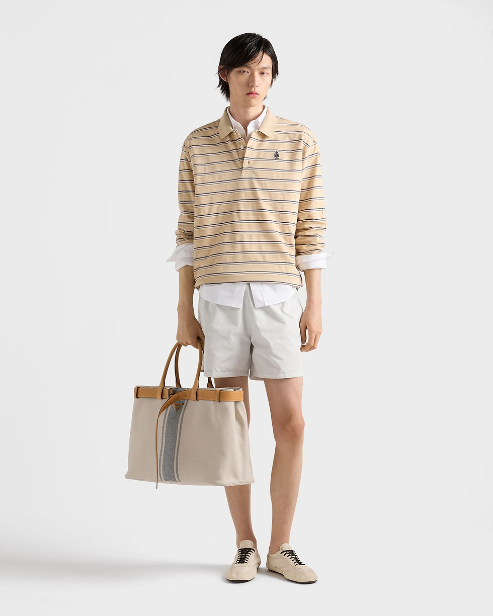 Prada Buckle bag in beige/Baltic blue canvas and leather – on model