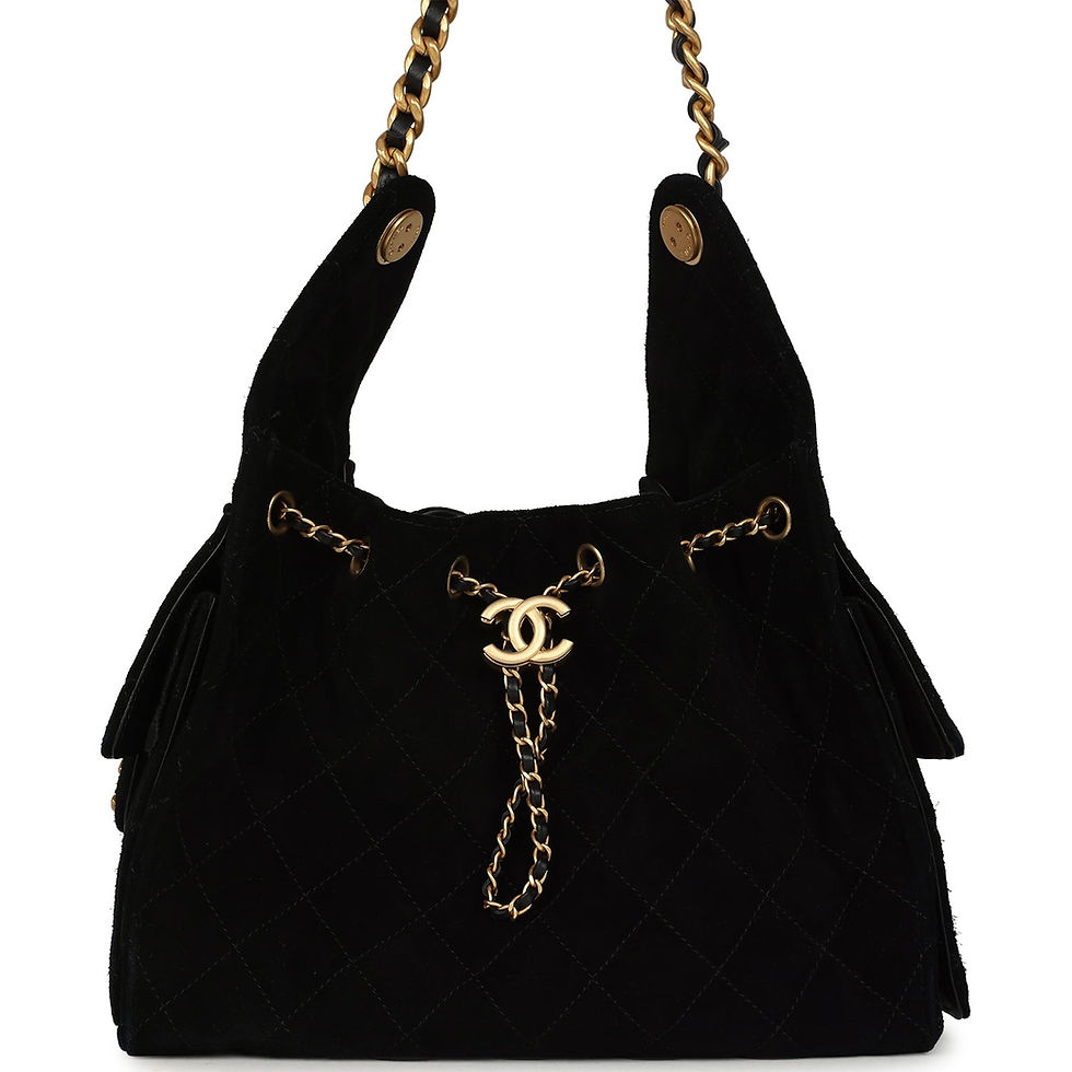 Pre-owned Chanel Small 25 Hobo Bag in black suede, front view with drawstring closure