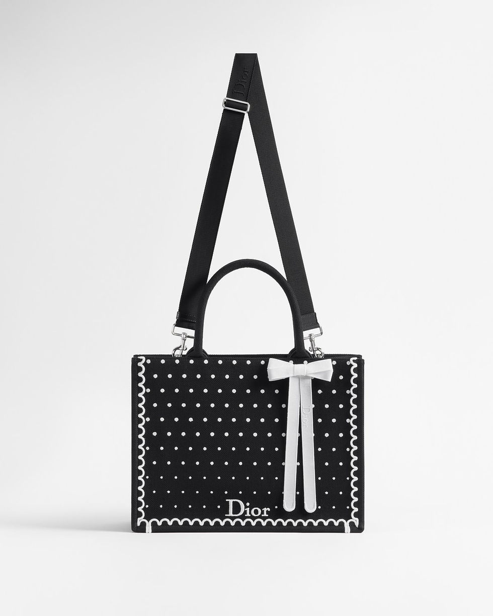 Dior Medium Book Tote in black cotton with PolkaDior embroidery – view 2