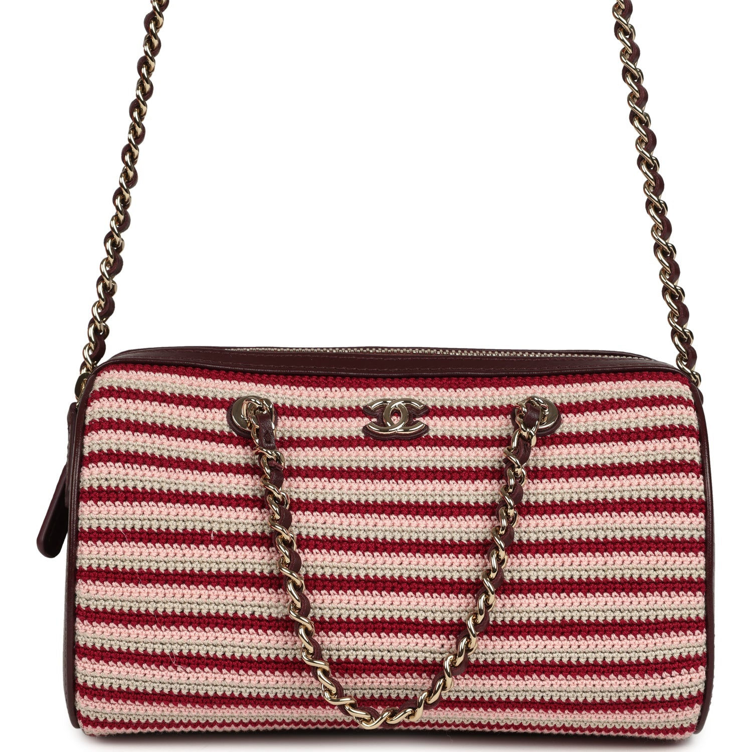 Chanel Mini Timeless Barrel bag in burgundy striped crochet, front view with chain strap
