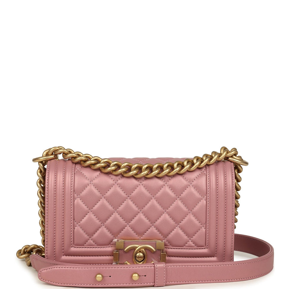 Chanel Small Boy Bag in pink iridescent lambskin with quilted diamond stitching and antique gold-tone chain