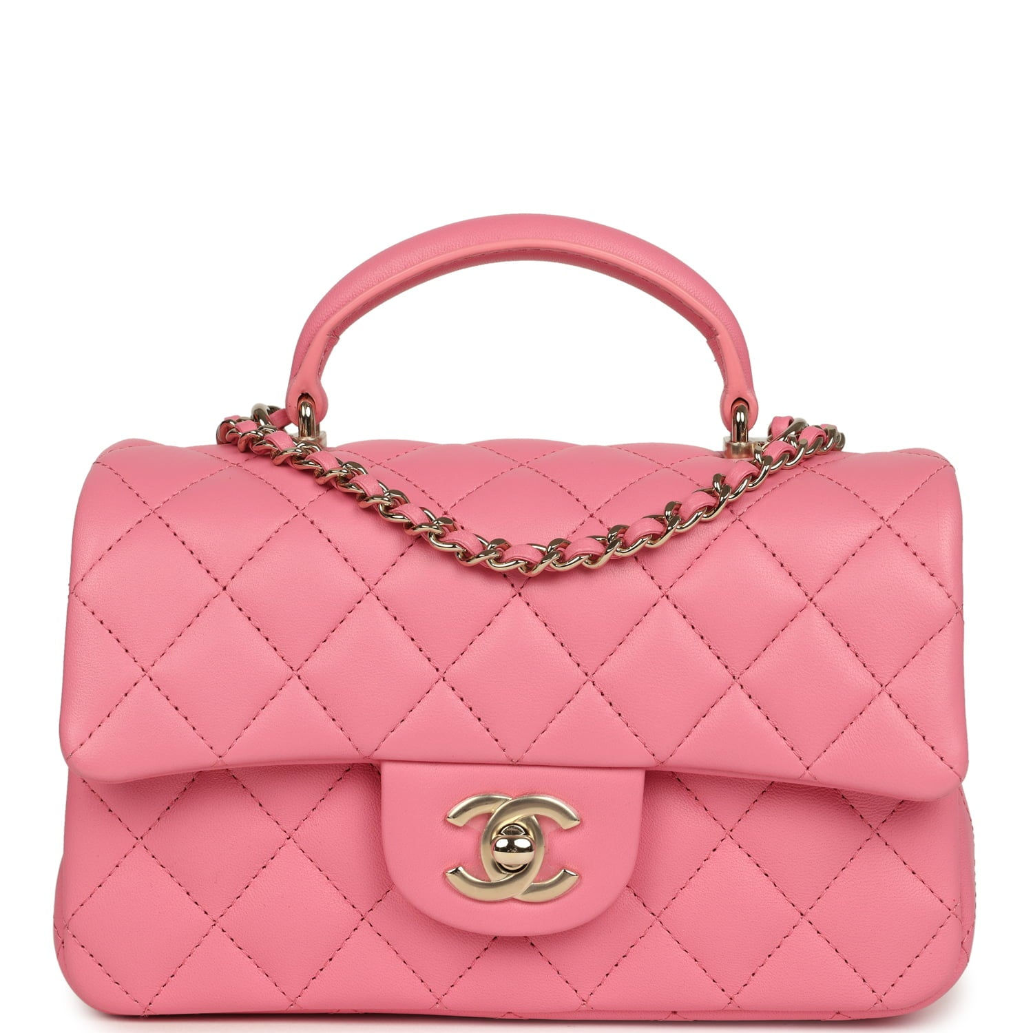 Chanel Mini Rectangular Flap Bag with Top Handle in pink lambskin, front view
