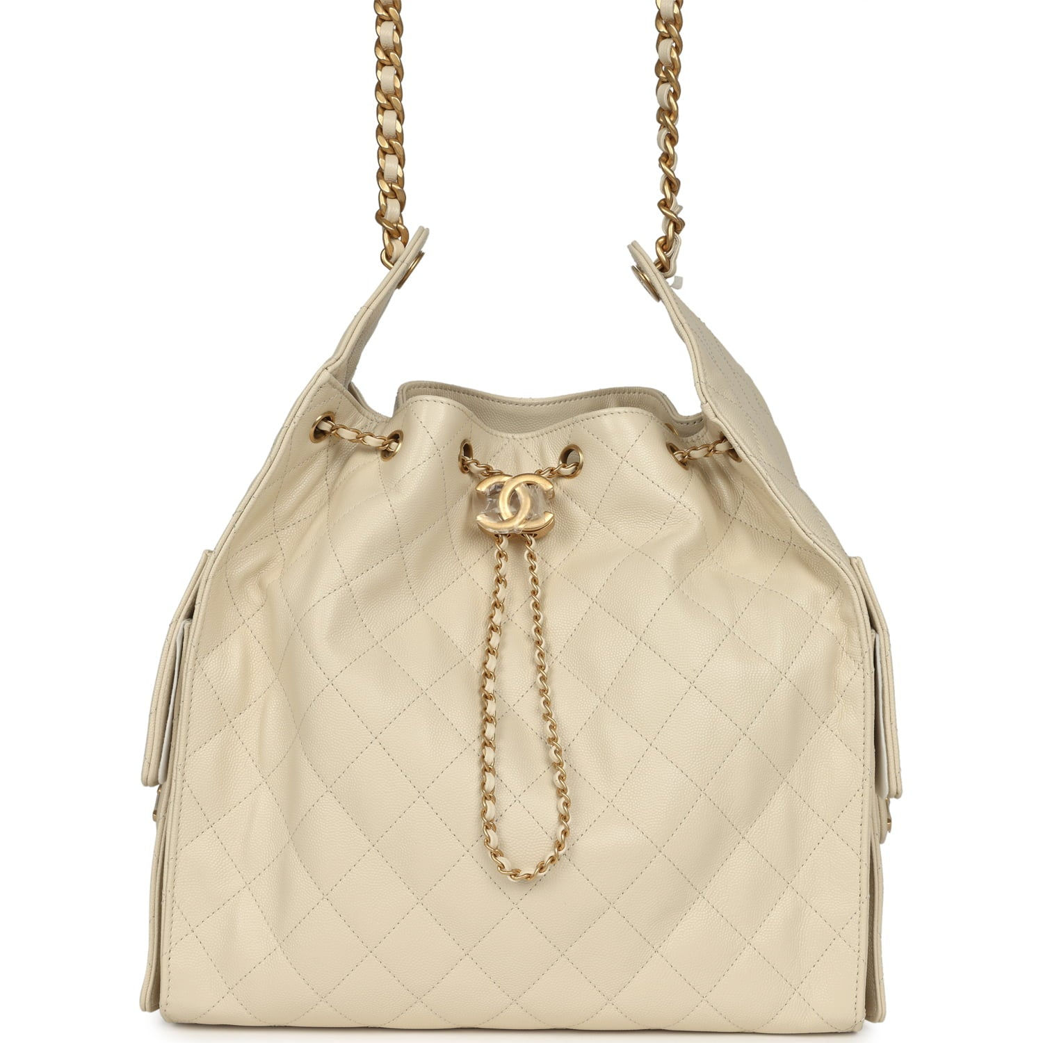 Chanel 25 Medium hobo bag in light beige caviar leather with gold-tone hardware and chain straps