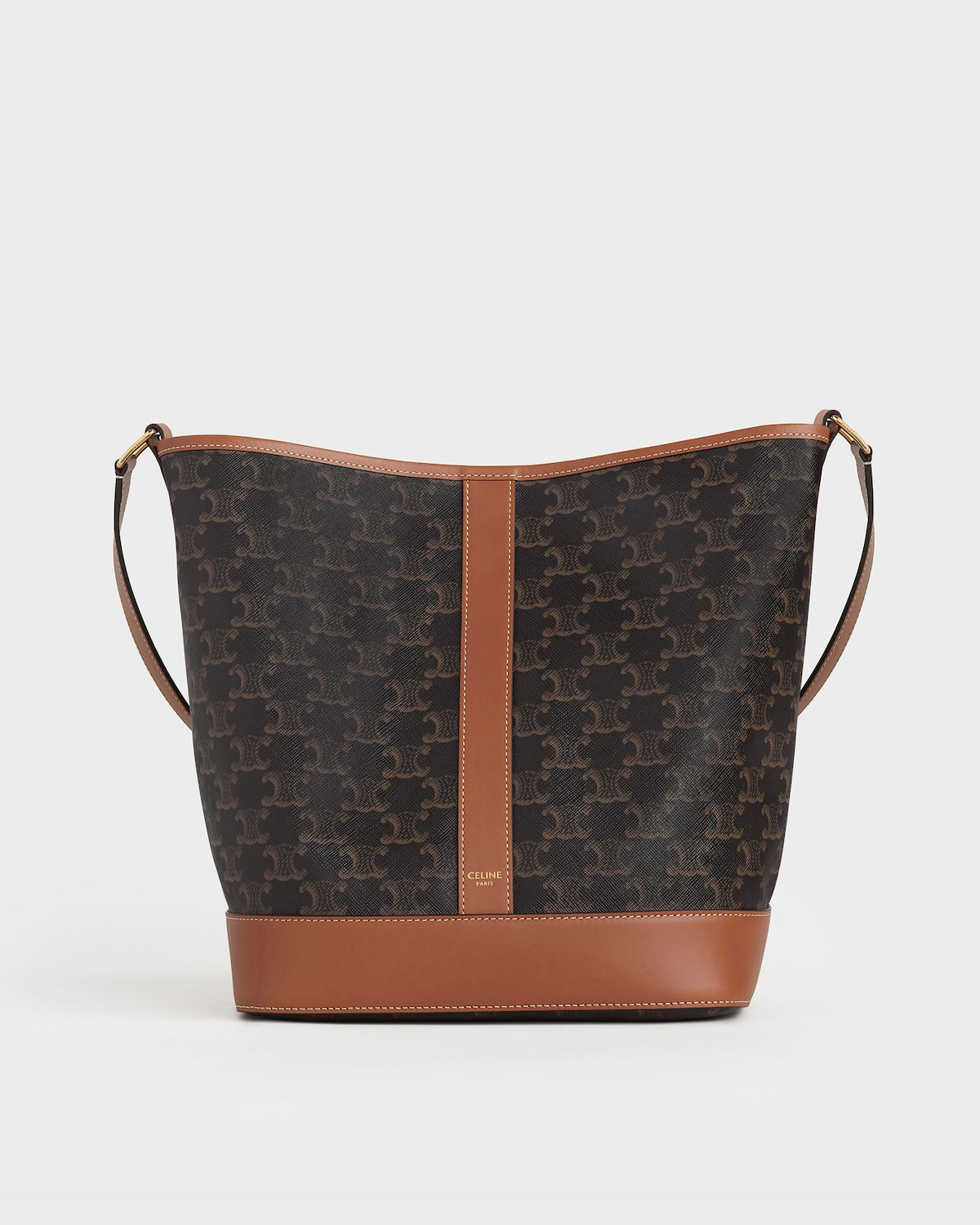 Celine Medium Bucket bag in tan Triomphe canvas and calfskin – front view