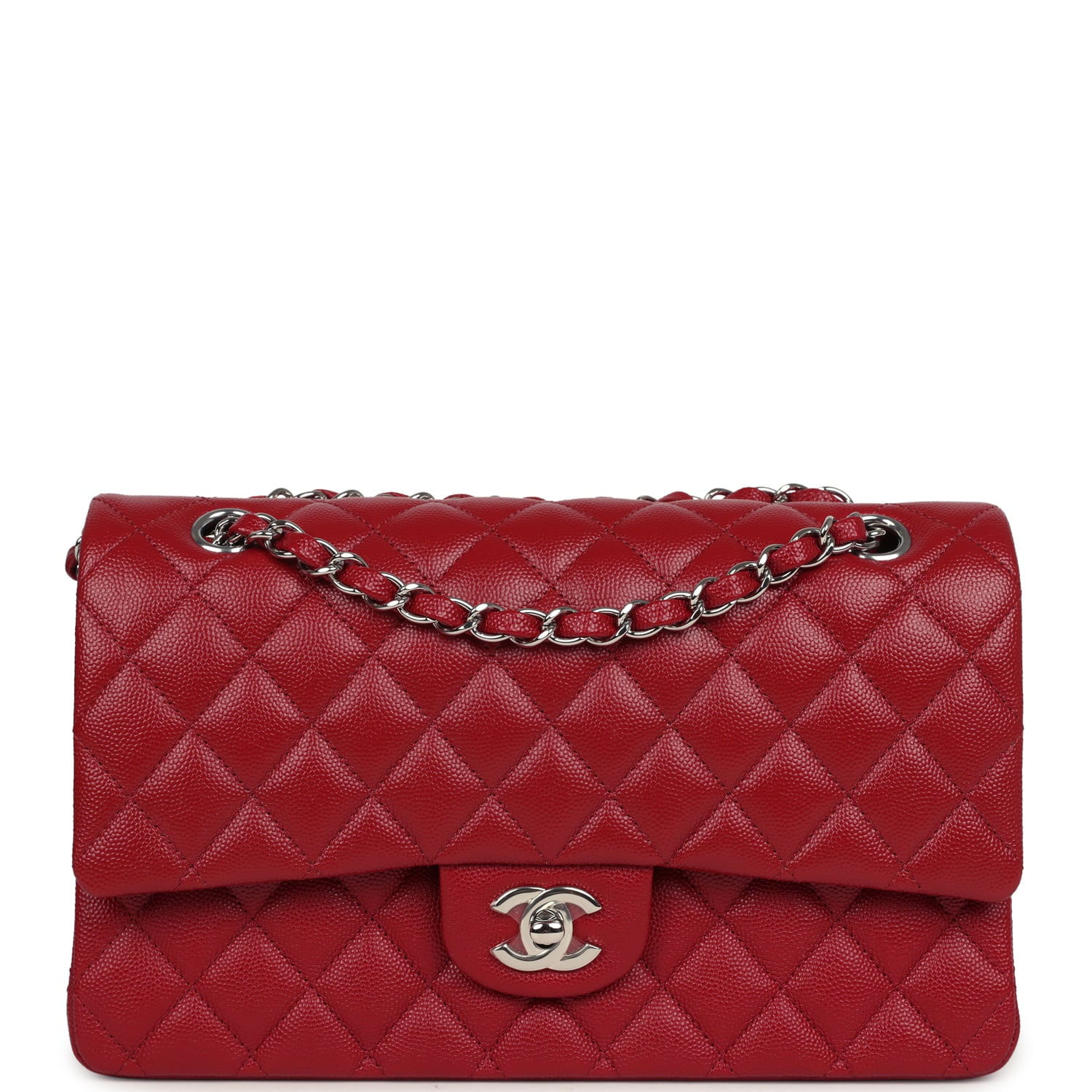Front view of the red caviar Chanel Medium double flap with silver CC turnlock