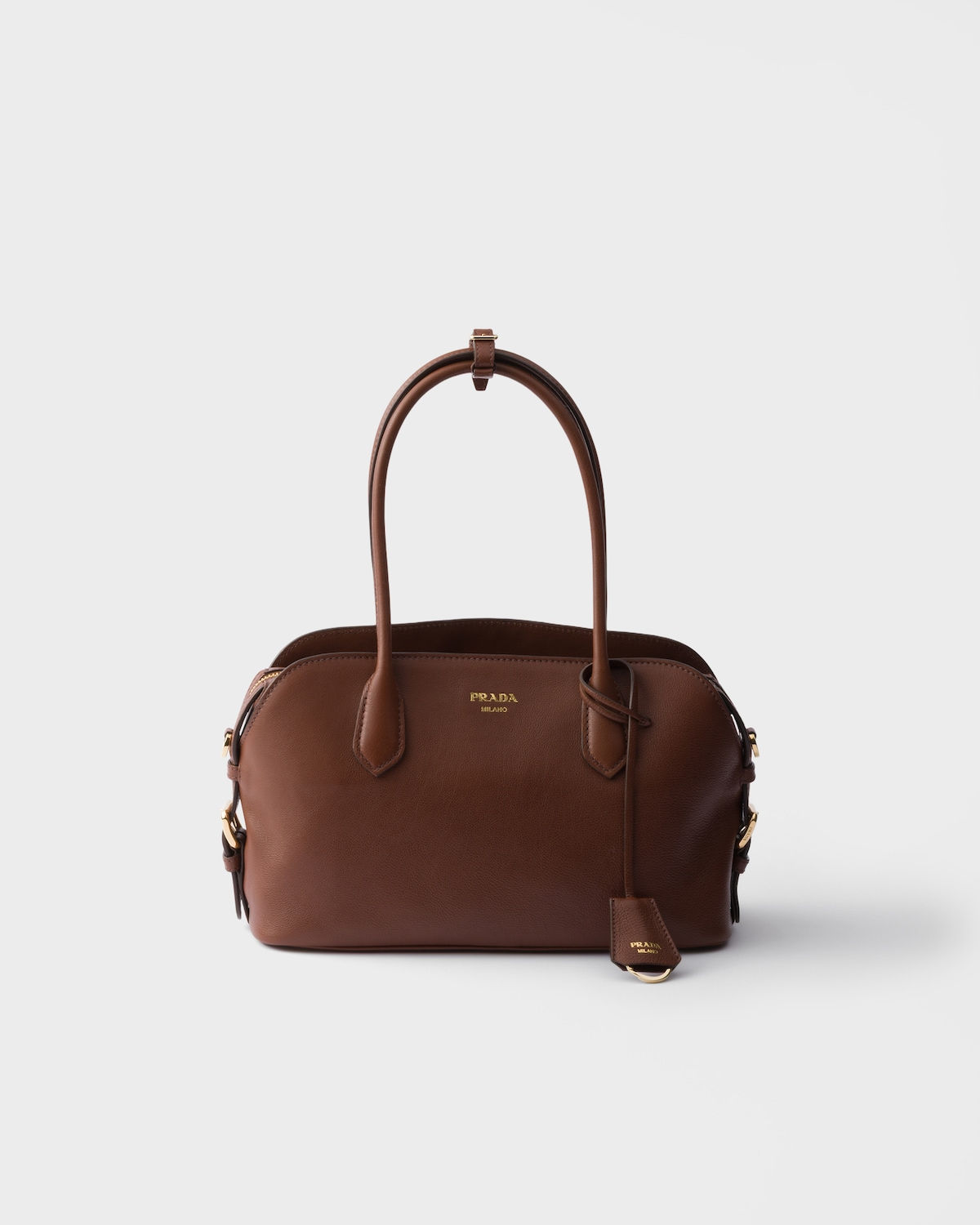 Prada Signet medium tote bag in chestnut brown calfskin – front view