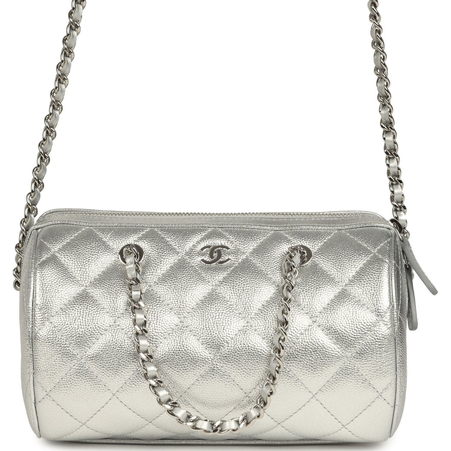 Chanel Mini Timeless Barrel bag in metallic silver caviar leather, front view