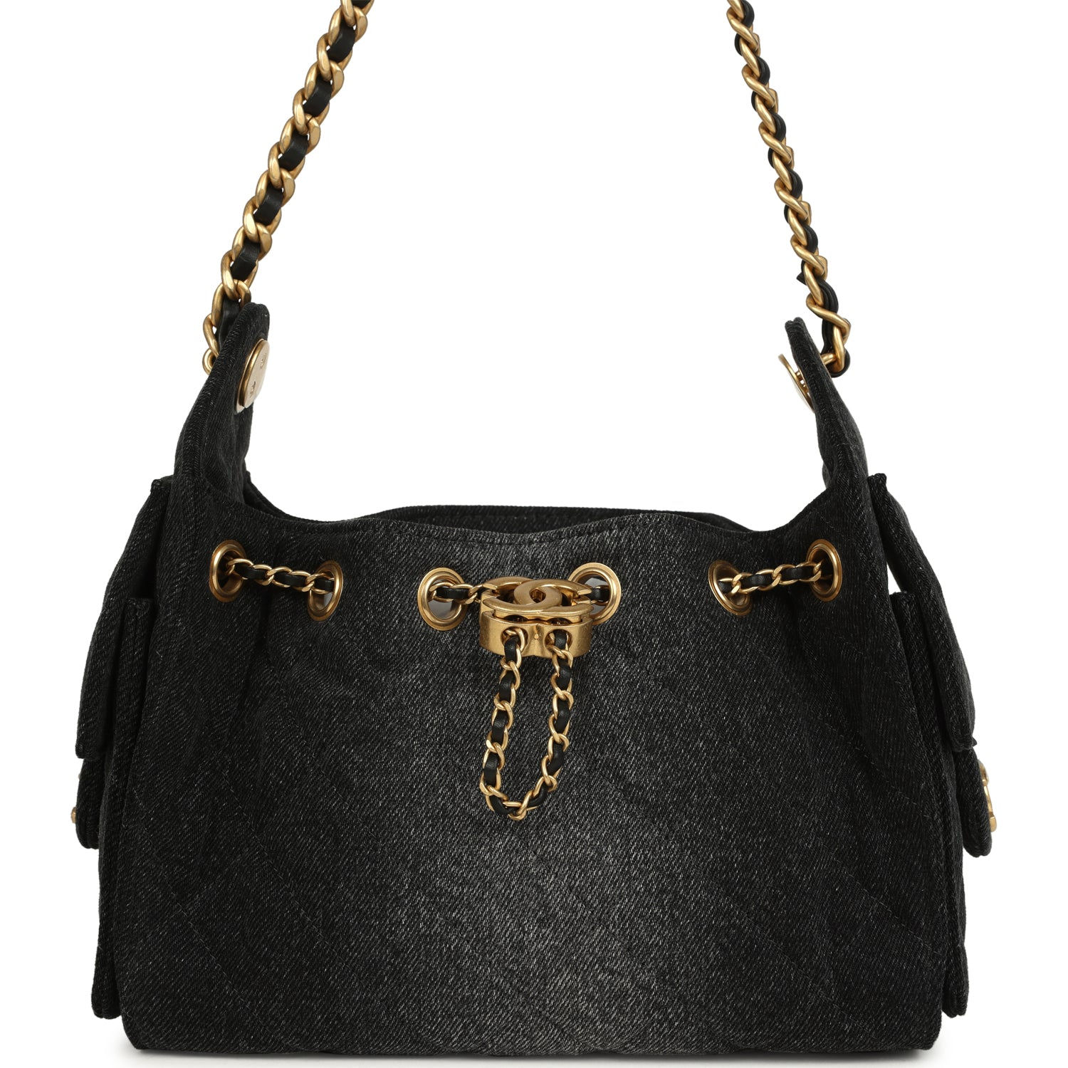 Chanel 25 Mini hobo bag in black washed denim with gold-tone chain straps