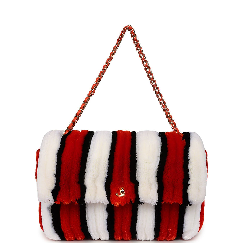 Front view of the Chanel Maxi Coco flap bag in orange, ivory and black striped raffia