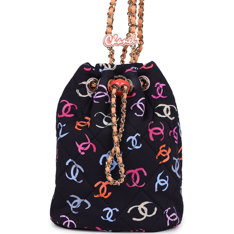 Chanel Medium CC Drawstring Backpack in navy fabric printed with multicoloured CC logos