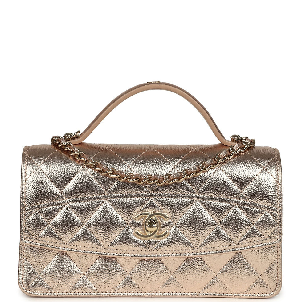 Front view of the top handle wallet on chain in metallic copper caviar leather