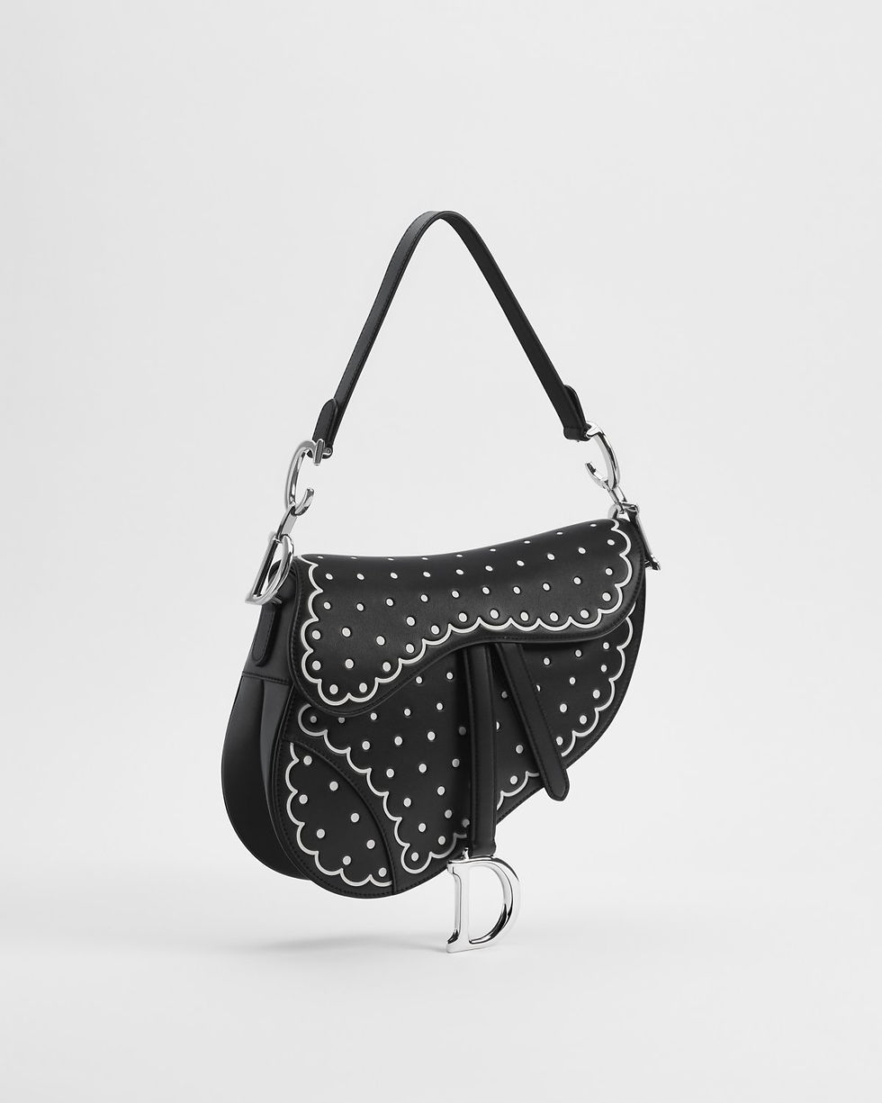 Dior Saddle Bag with Strap in Black and White PolkaDior Calfskin – front view