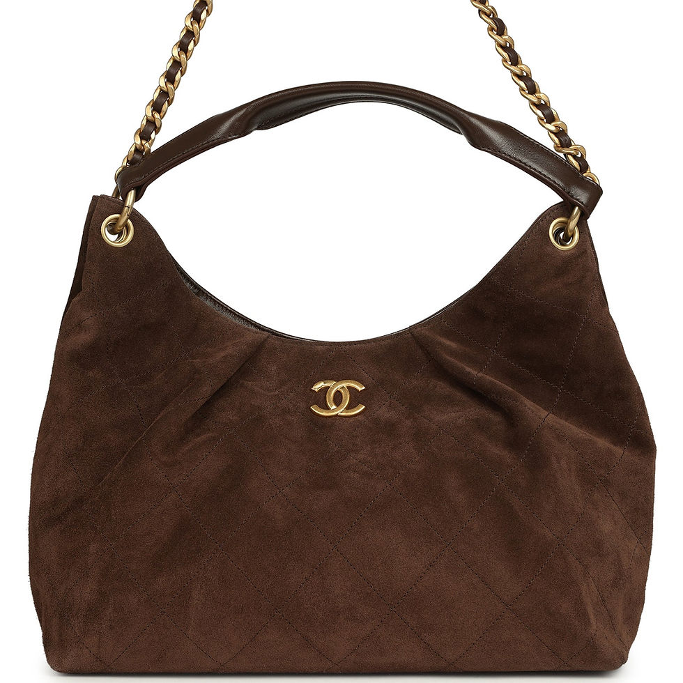 Front view of the Chanel Maxi Hobo bag in dark brown quilted suede with gold-tone charm