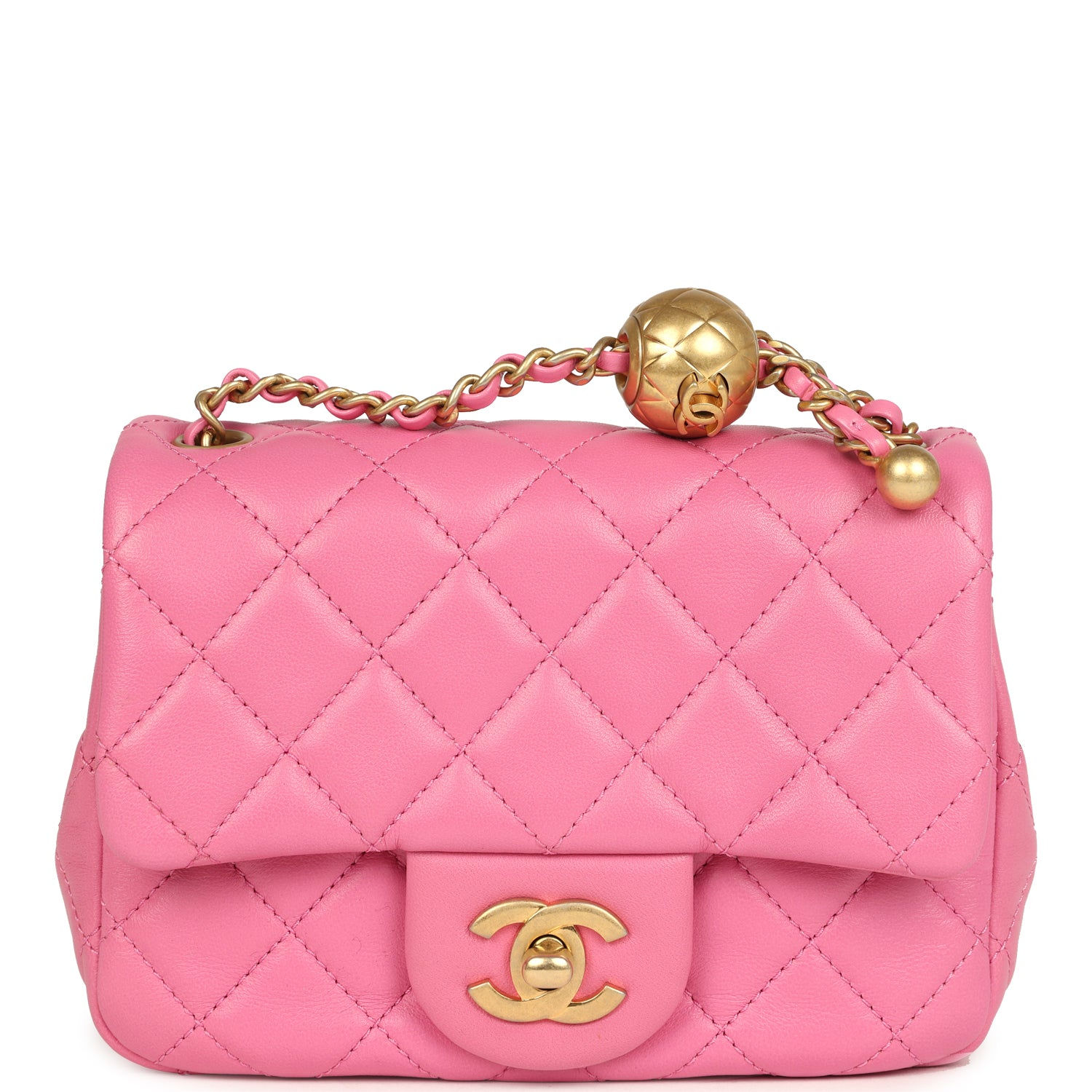 Chanel Mini Pearl Crush Square Flap Bag in pink lambskin, front view with gold CC turnlock