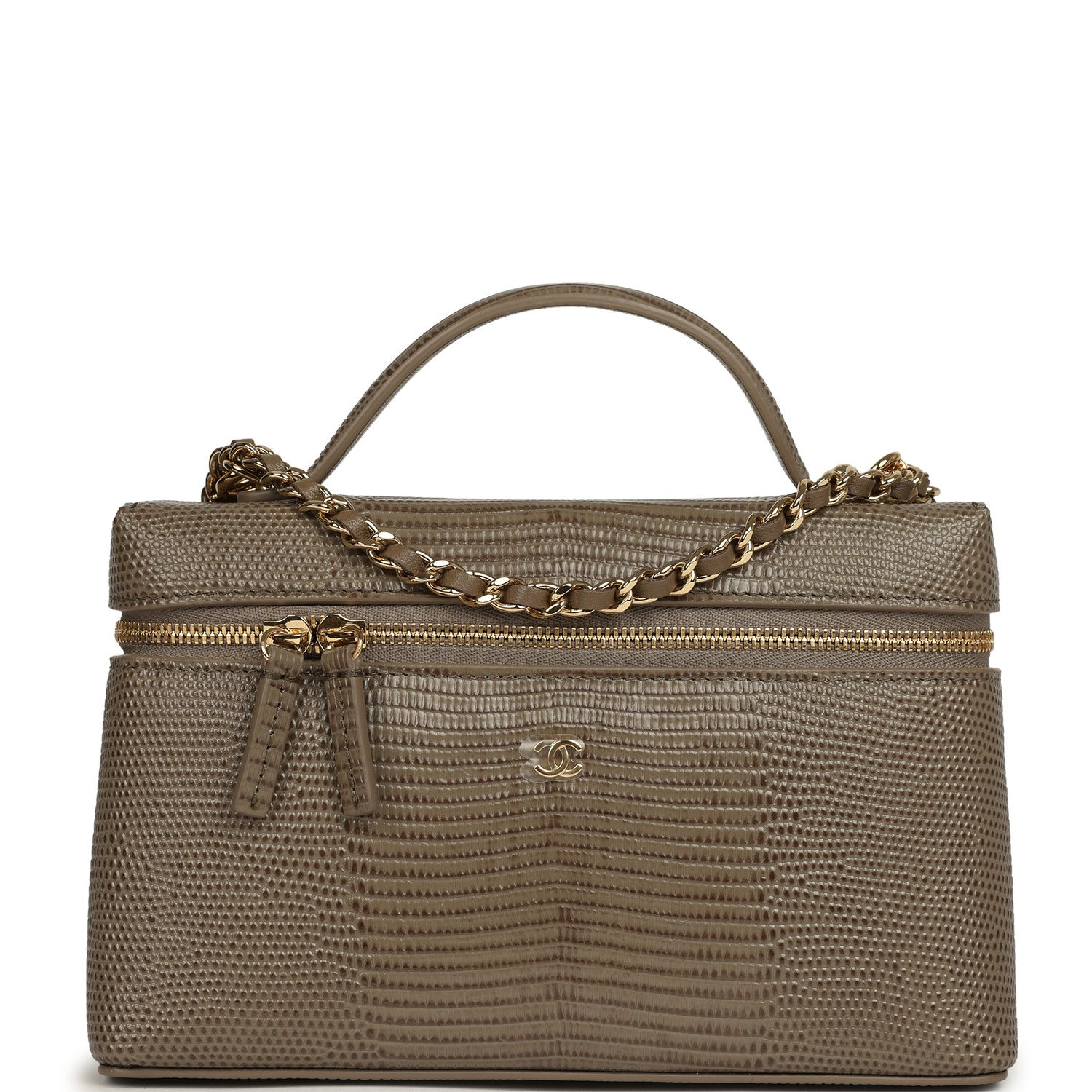 Front view of the second khaki lizard-embossed vanity case with gold-tone hardware