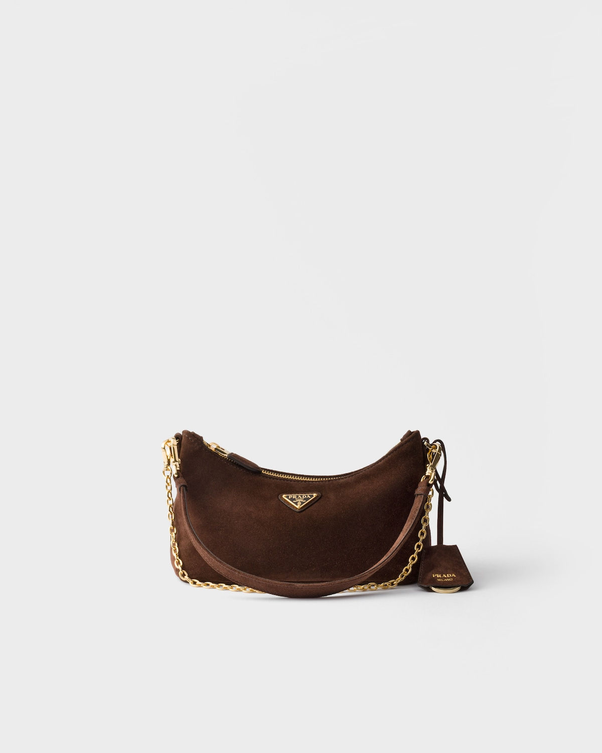 Prada mini shoulder bag in dark brown suede – front view