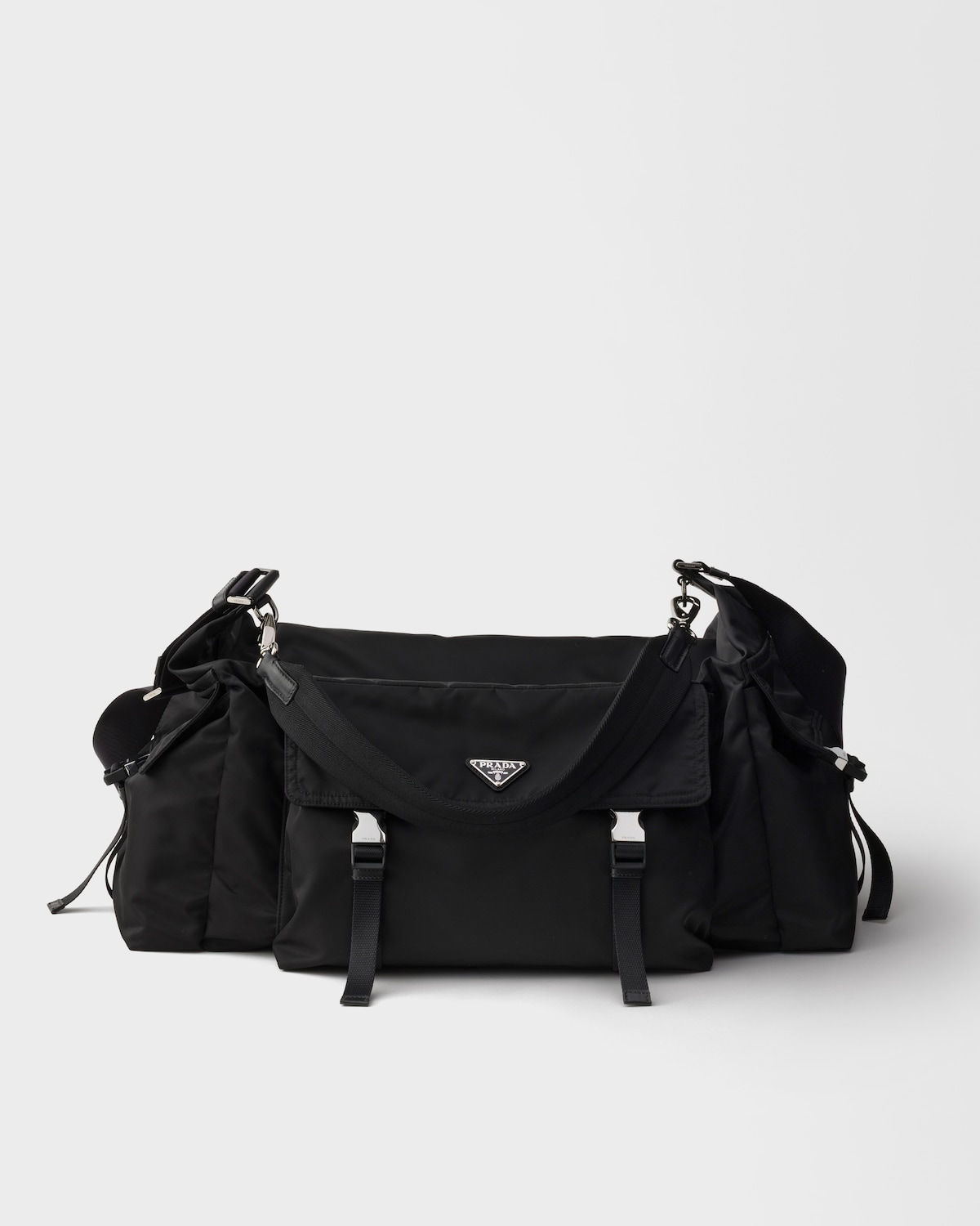 Prada Explore duffle bag in black Re-Nylon and leather – front view