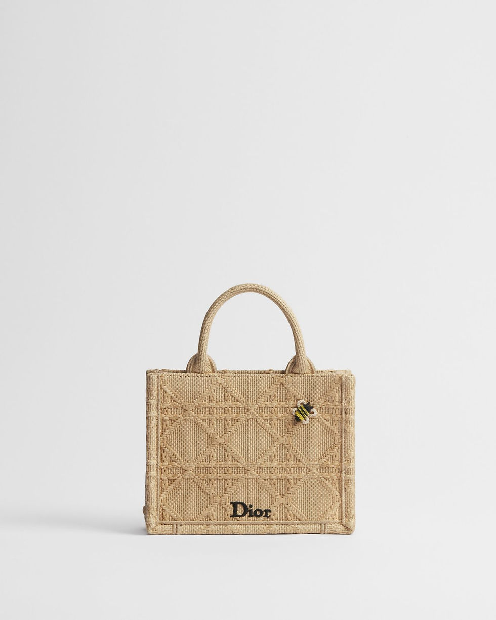 Dior Mini Book Tote with strap in beige Cannage raffia – front view