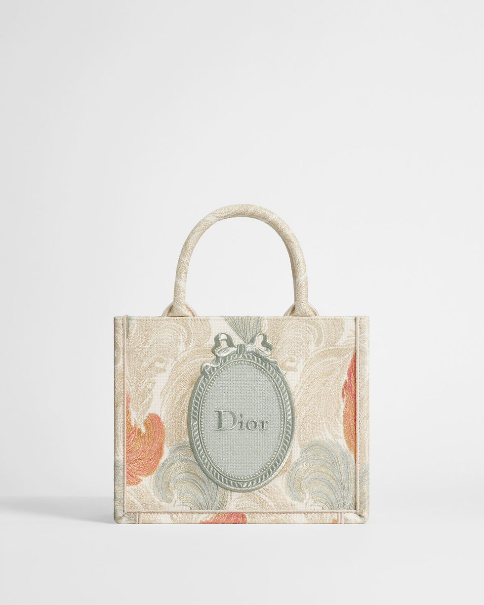 Dior Small Book Tote with strap in beige Dior Byzance Feathers embroidery – front view