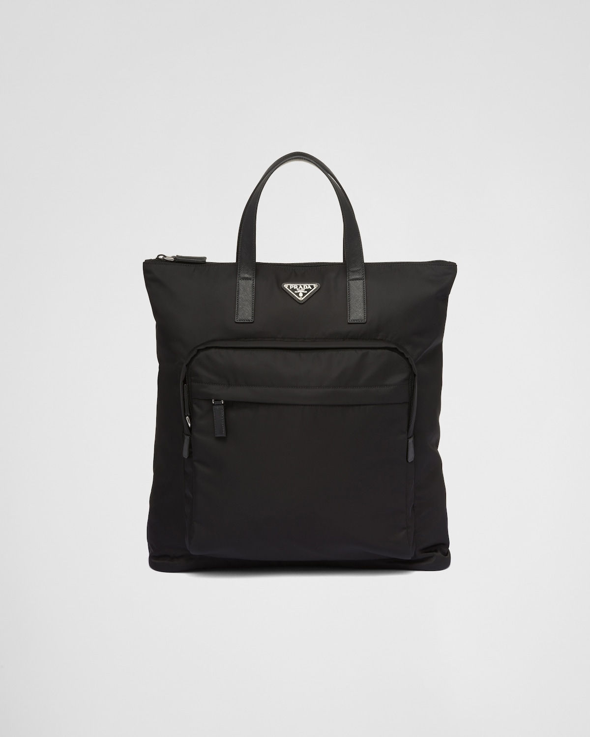 Prada tote bag with zip pockets in black Re-Nylon and Saffiano leather – front view