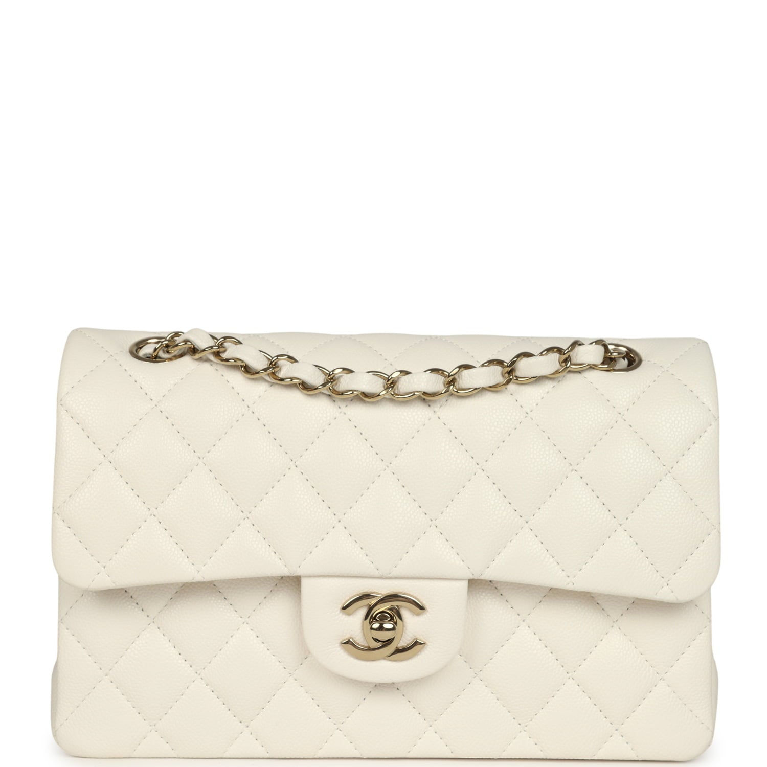 Chanel Small Classic Double Flap bag in white caviar leather, front view with light gold chain strap