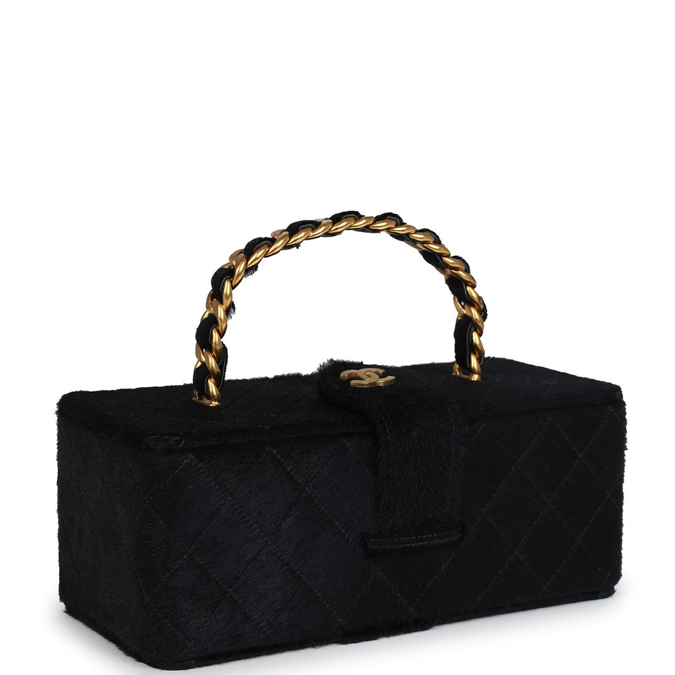 Three-quarter angle showing the quilted ponyhair texture and CC turn-lock