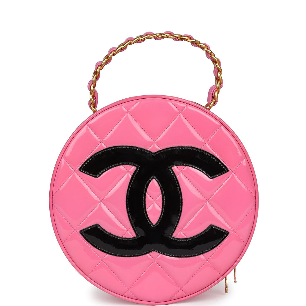 Front view of the round vanity bag in pink quilted patent leather with a black CC